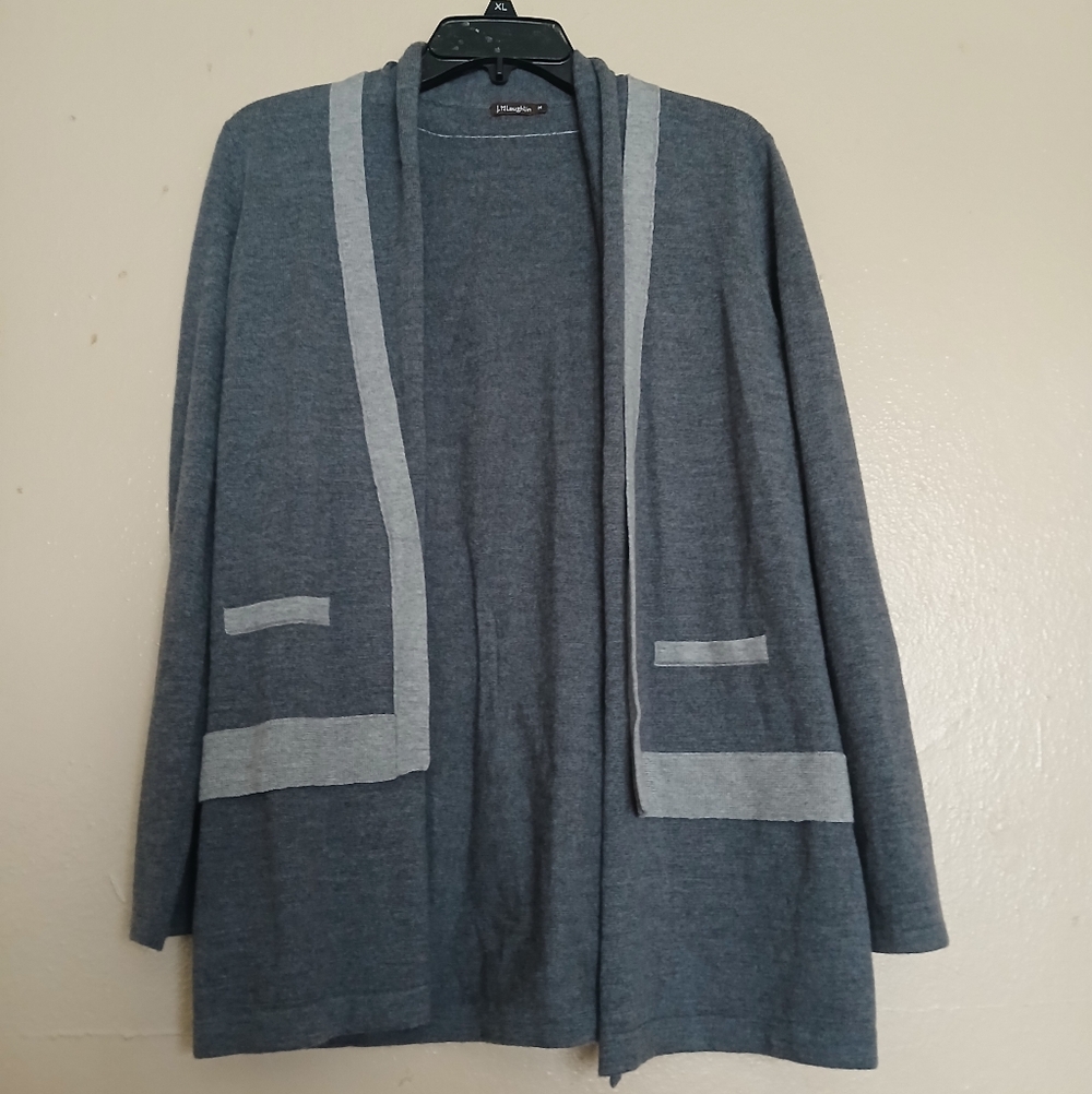 J. McLaughlin Dark Gray Knit Cardigan with Contrast Trim Medium Merino Wool